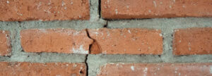 Close-up image of a red brick wall with gray mortar. One of the bricks in the middle has a visible crack. Small white specks are scattered across the surface of the bricks and mortar.